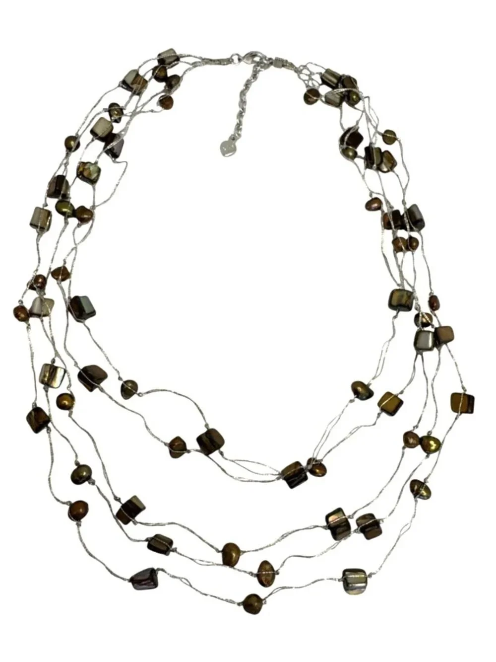 Brown Mother Of Pearl Beaded Multi Layer Silvertone Necklace